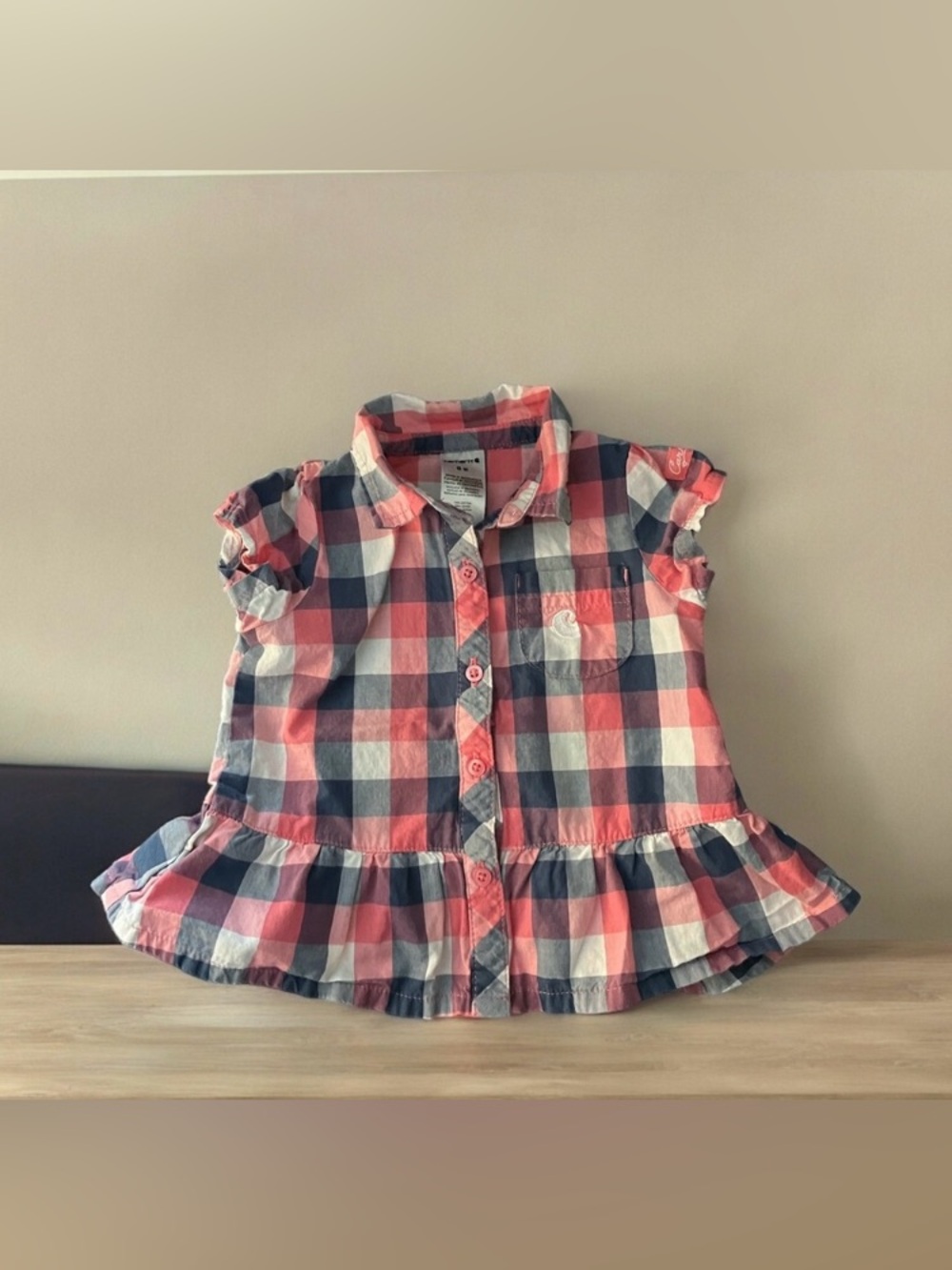 Carhartt Baby Pink Blue & White Checkered Collared Dress Ruffle Size 6M Plaid